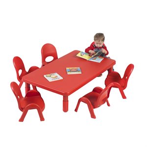 Table rectangulaire rouge et 6 chaises